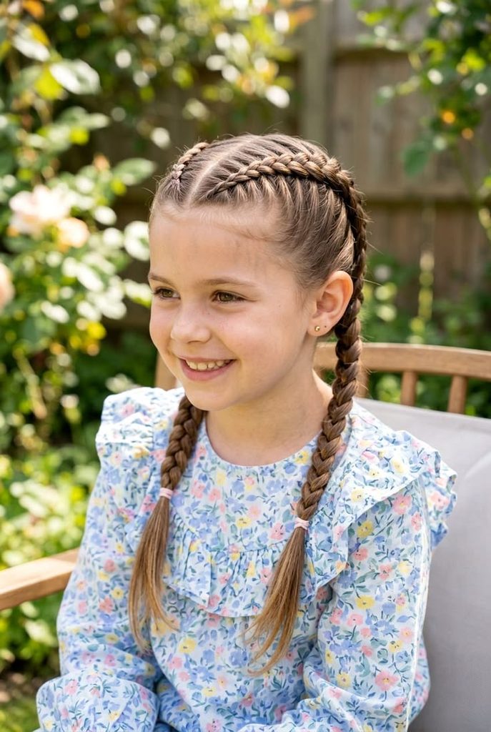 kid with double dutch braids as one of the halloween hairstyles for little girls