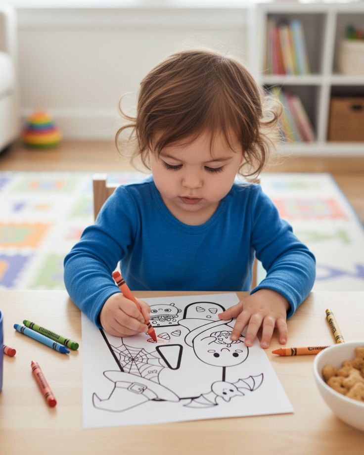 kid coloring her halloween book pages