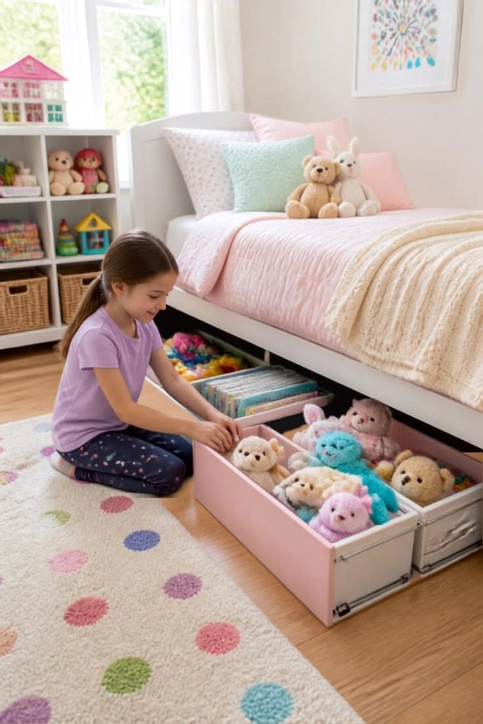kid opening her under bed drawer