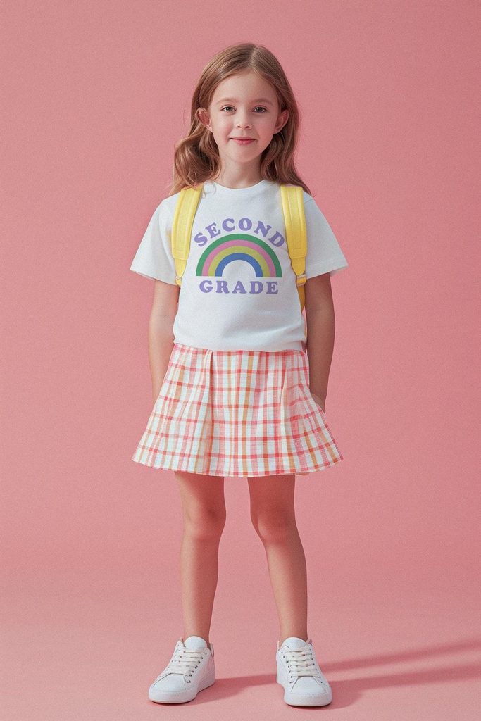 school kid in short skirt and fitted tee