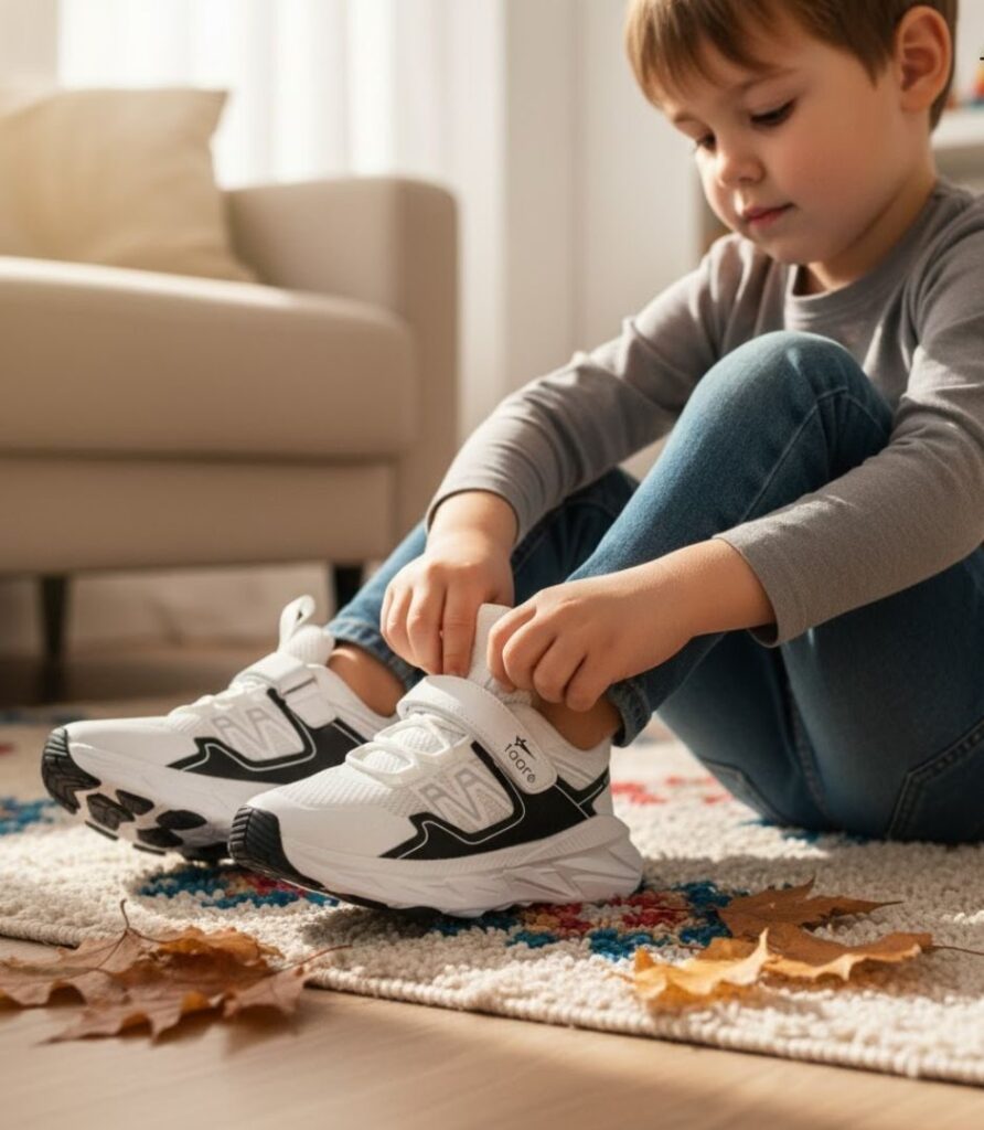 kid putting on his comfortable shoe