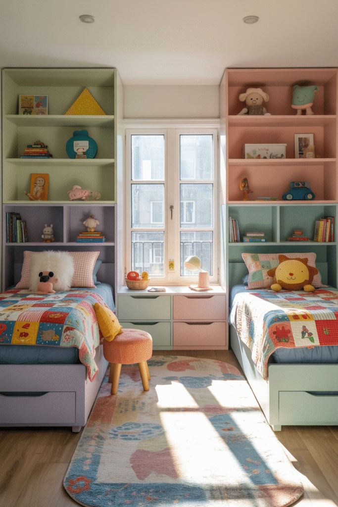 shared kid's room with different storage