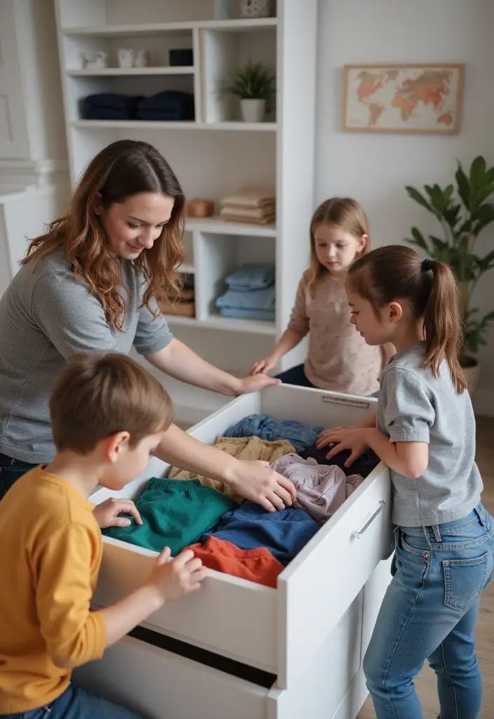 mom and kids arranging closet