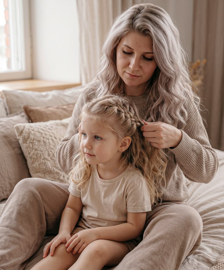 mom making her kid protective hairstyle for kids
