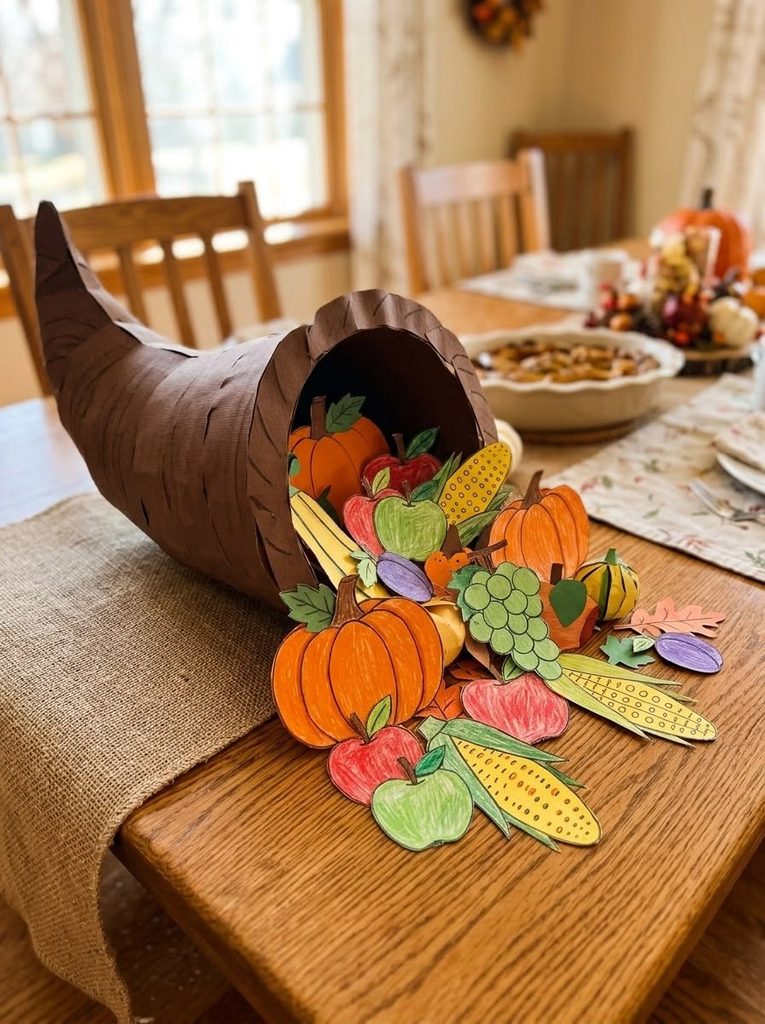 carboard cornucopia as one of thanksgiving decor kids can make