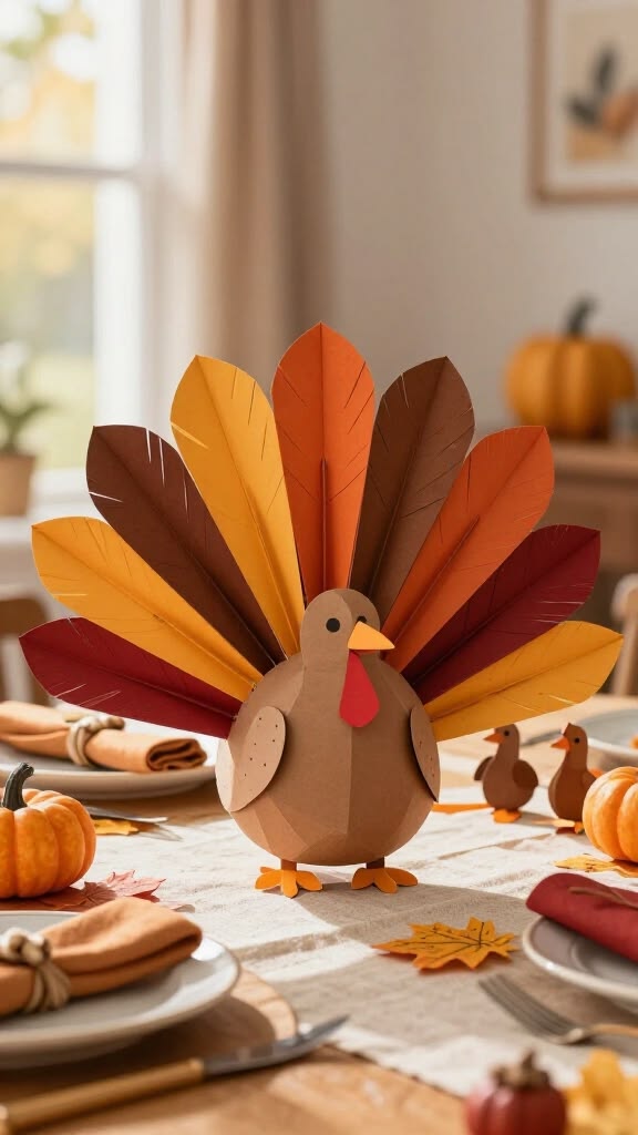 paper turkey centerpiece as one of the thanksgiving decor ideas kids can make