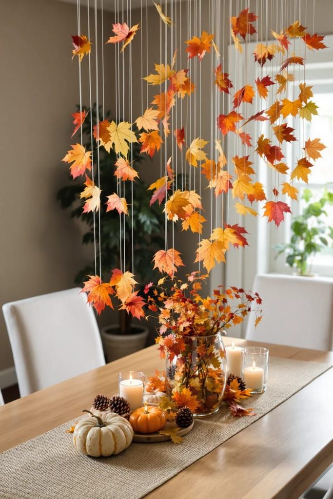 a dinning table decorated with a simple leaf garland
