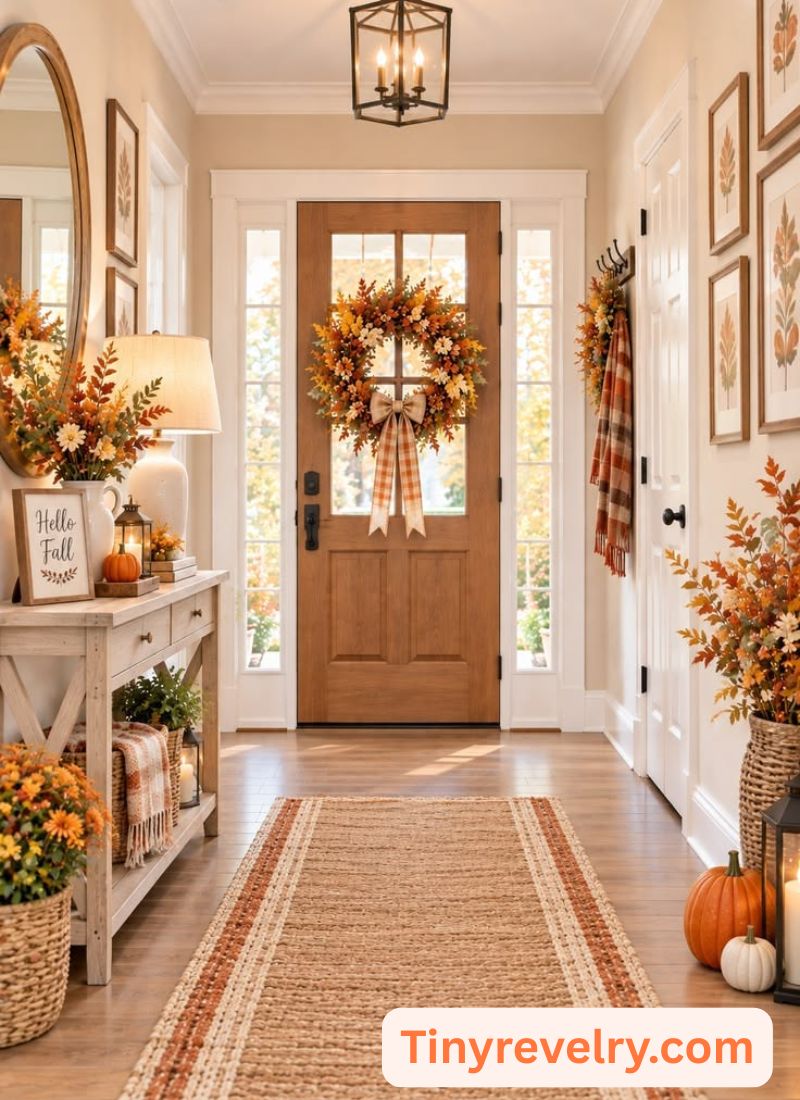 a hallway decorated with thanksgiving color and designs