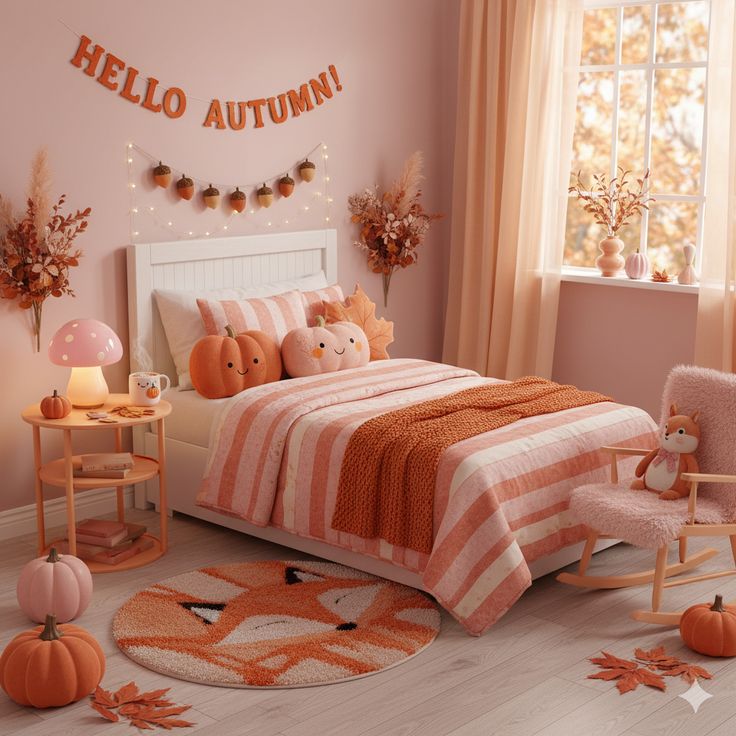 kids bedroom designed with pumpkin pillow and color