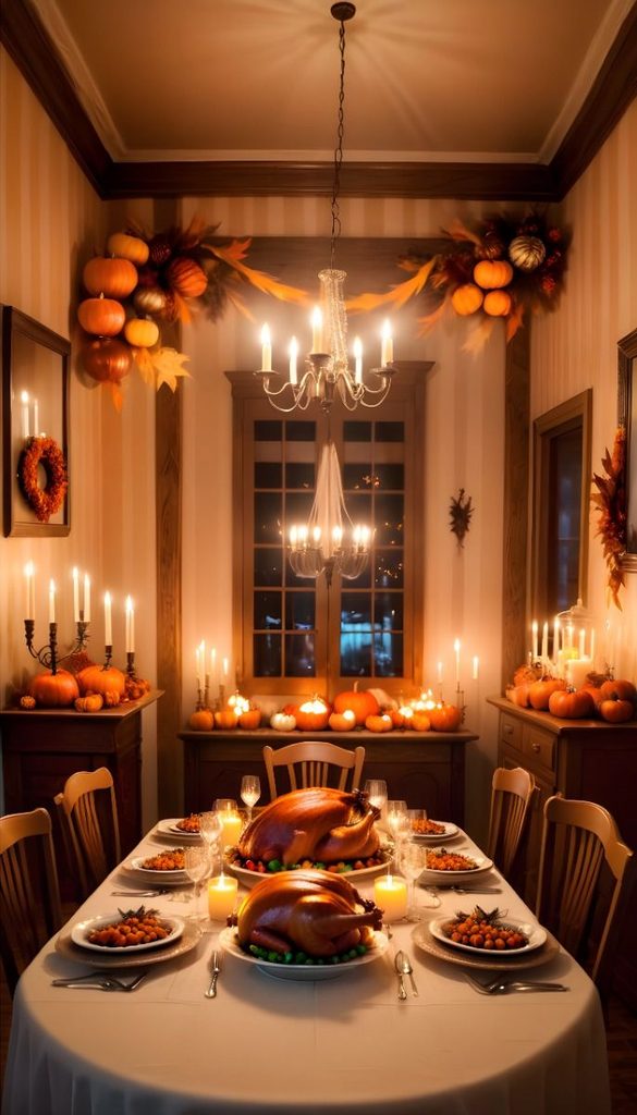 a home decoration with pumpkins and candle lights as Kid-friendly Thanksgiving decorations