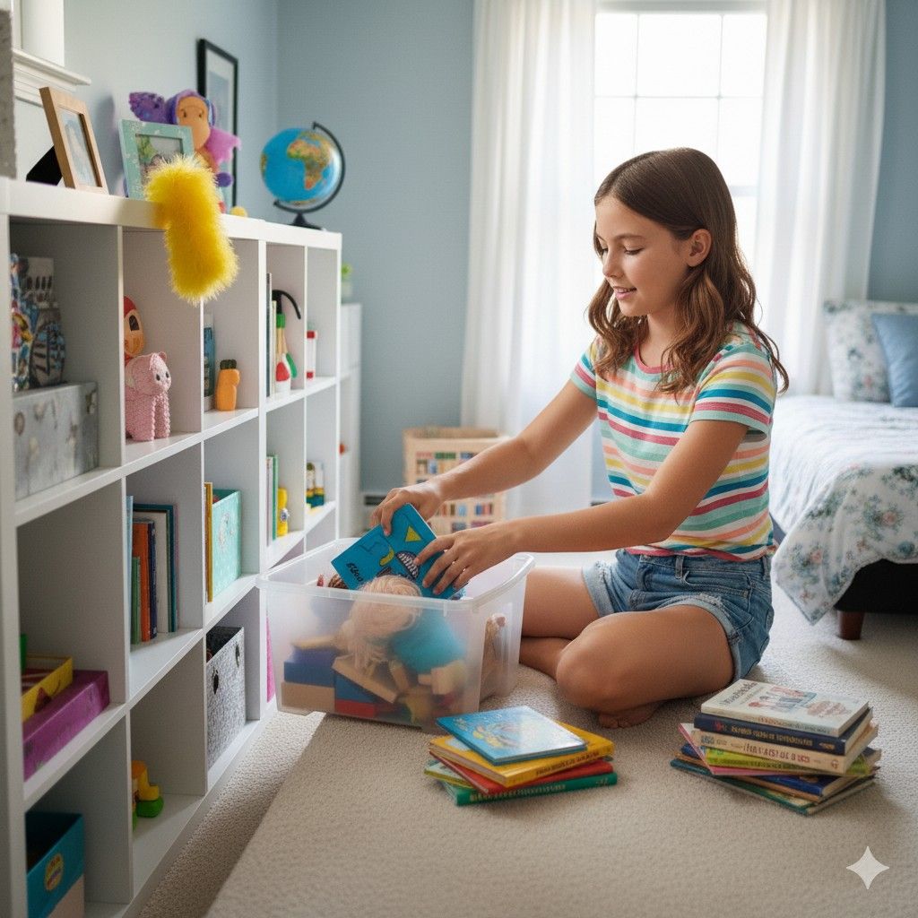 kid organizing her room