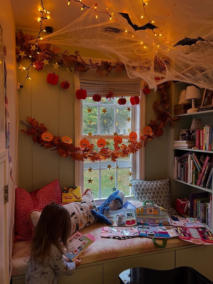 kids bedroom designed with paper pumpkins