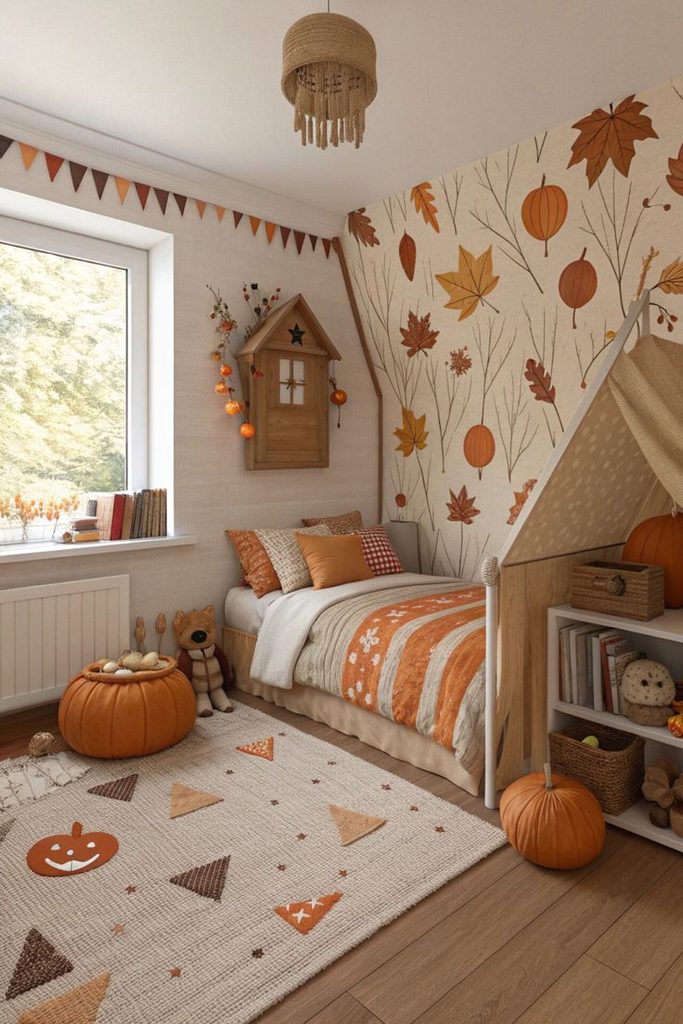 kids bedroom designed with fall leaf crafts