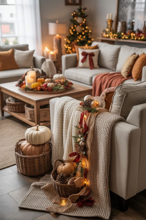 a room beautified with lights, fall colors and pillows
